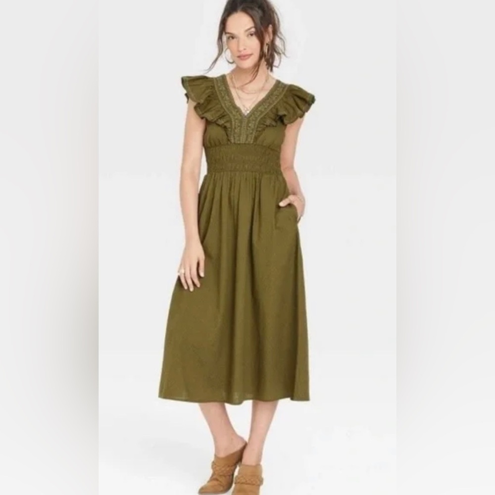 Size XXL Olive Green Flutter Sleeve Dress